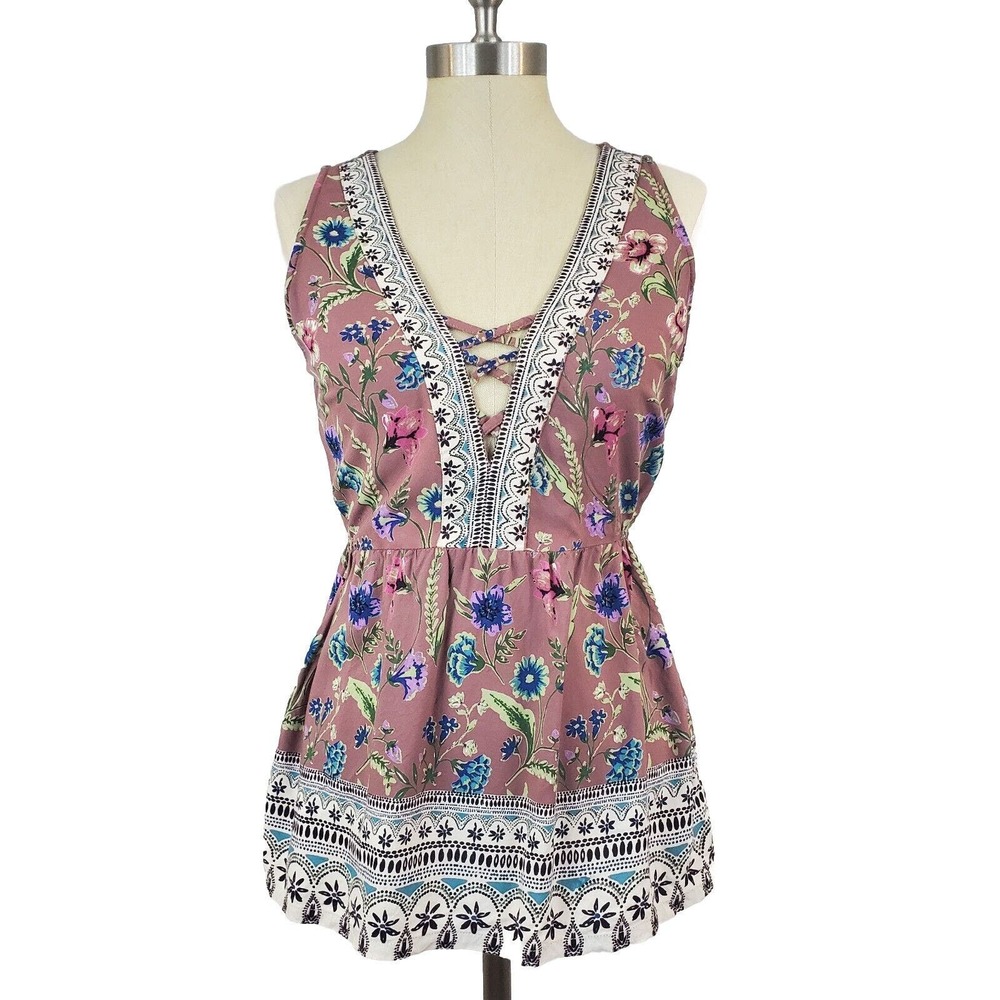 Angie Women's Criss Cross Front Tank Top Sz Large Pink Boho Floral Sleeveless